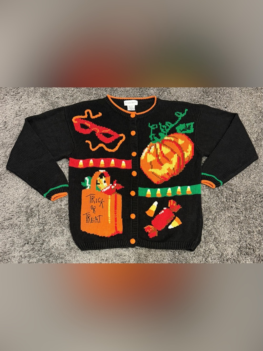 Alexandra Bartlett Halloween Trick or Treat Pumpkin Cardigan Sweater Large Vtg